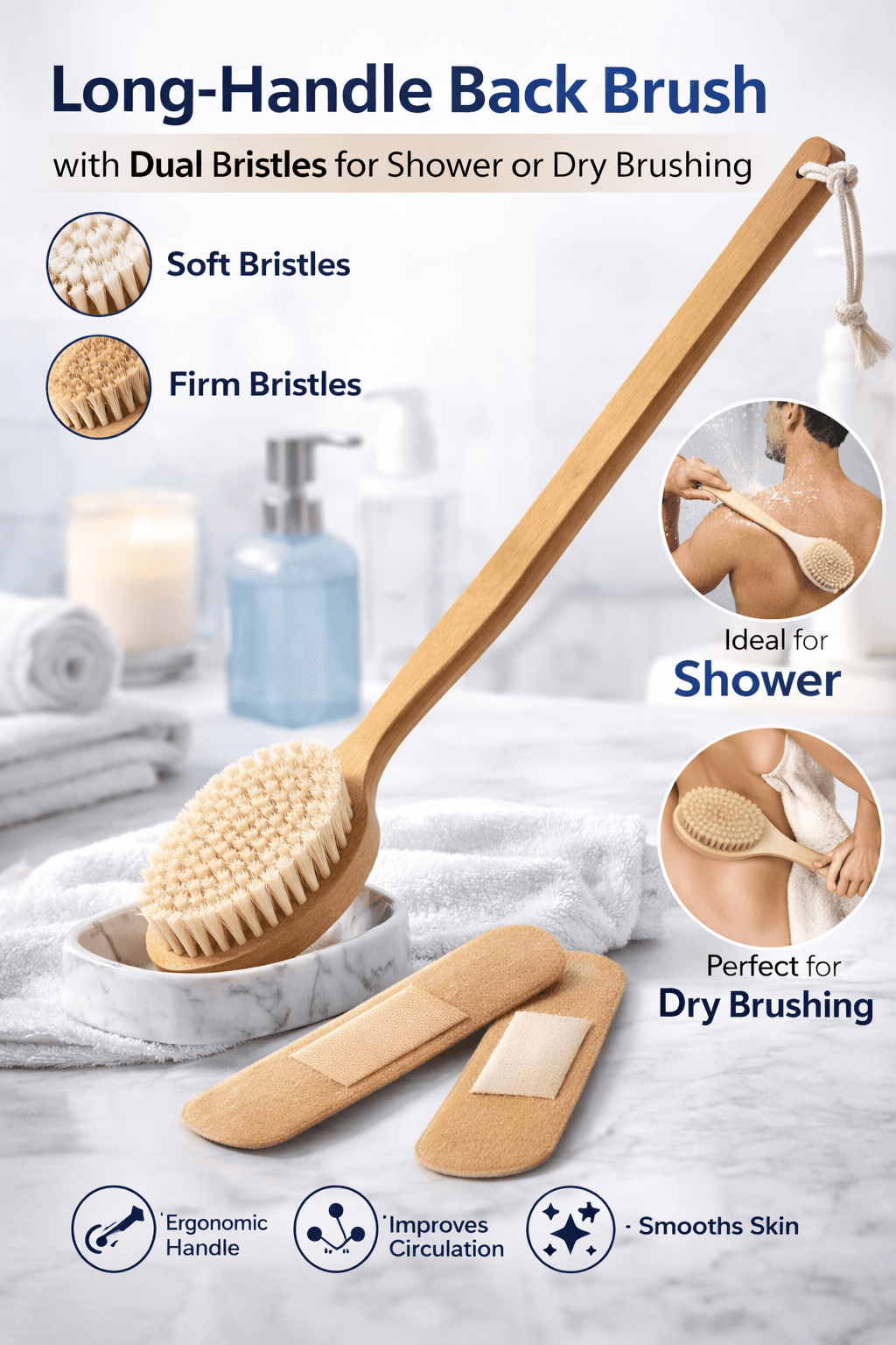 Long-Handle Back Brush with Dual Bristles for Shower or Dry Brushing