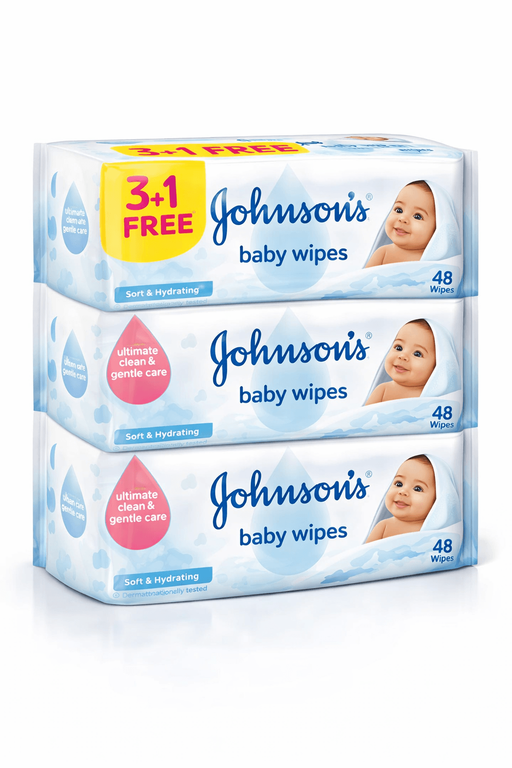 Johnson’s Baby Wipes – Ultimate Clean & Gentle Care (3+1 Free, 192 Wipes)