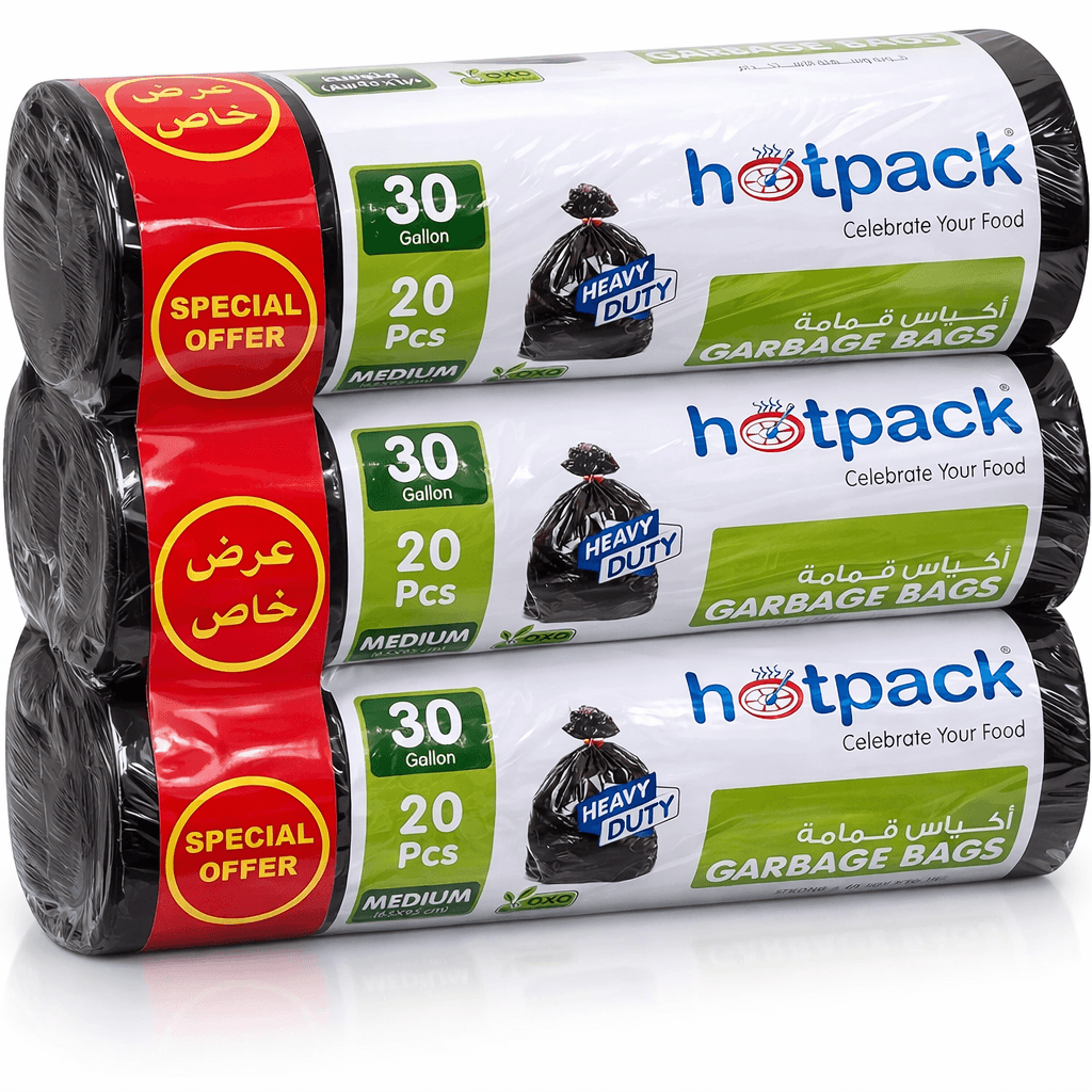 HOTPACK Heavy-Duty Biodegradable Garbage Bags – 65×95 cm, 30 Gallons (Pack of 3, 20 Bags Each)