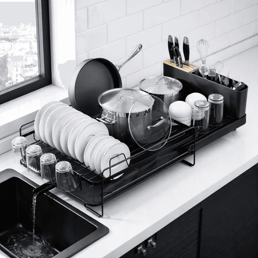 Kitsure Large Dish Drying Rack – Extendable Dish Rack with Cutlery & Cup Holders (Black)