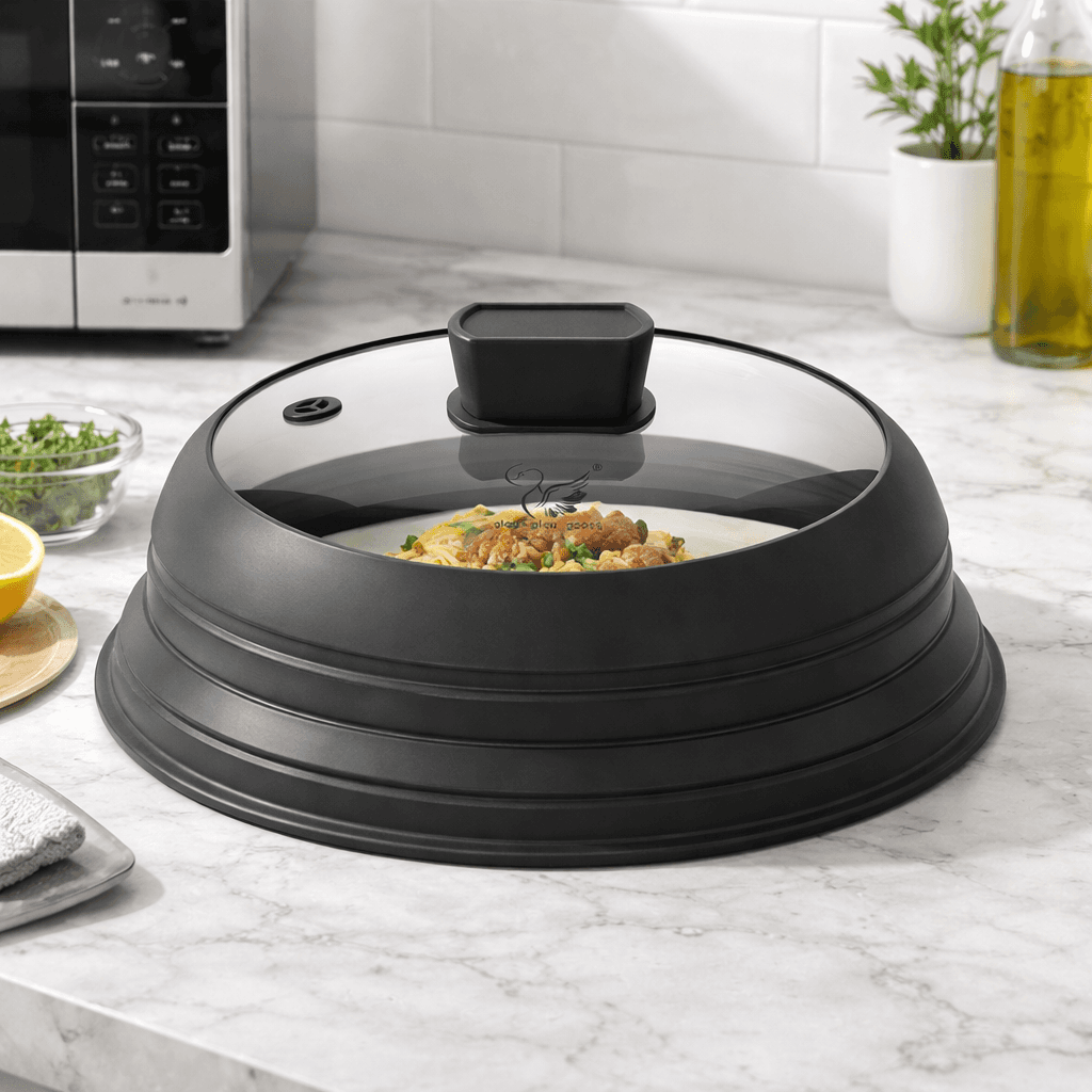 Microwave Splatter Cover – Collapsible Silicone & Glass Lid (11.8", Black)