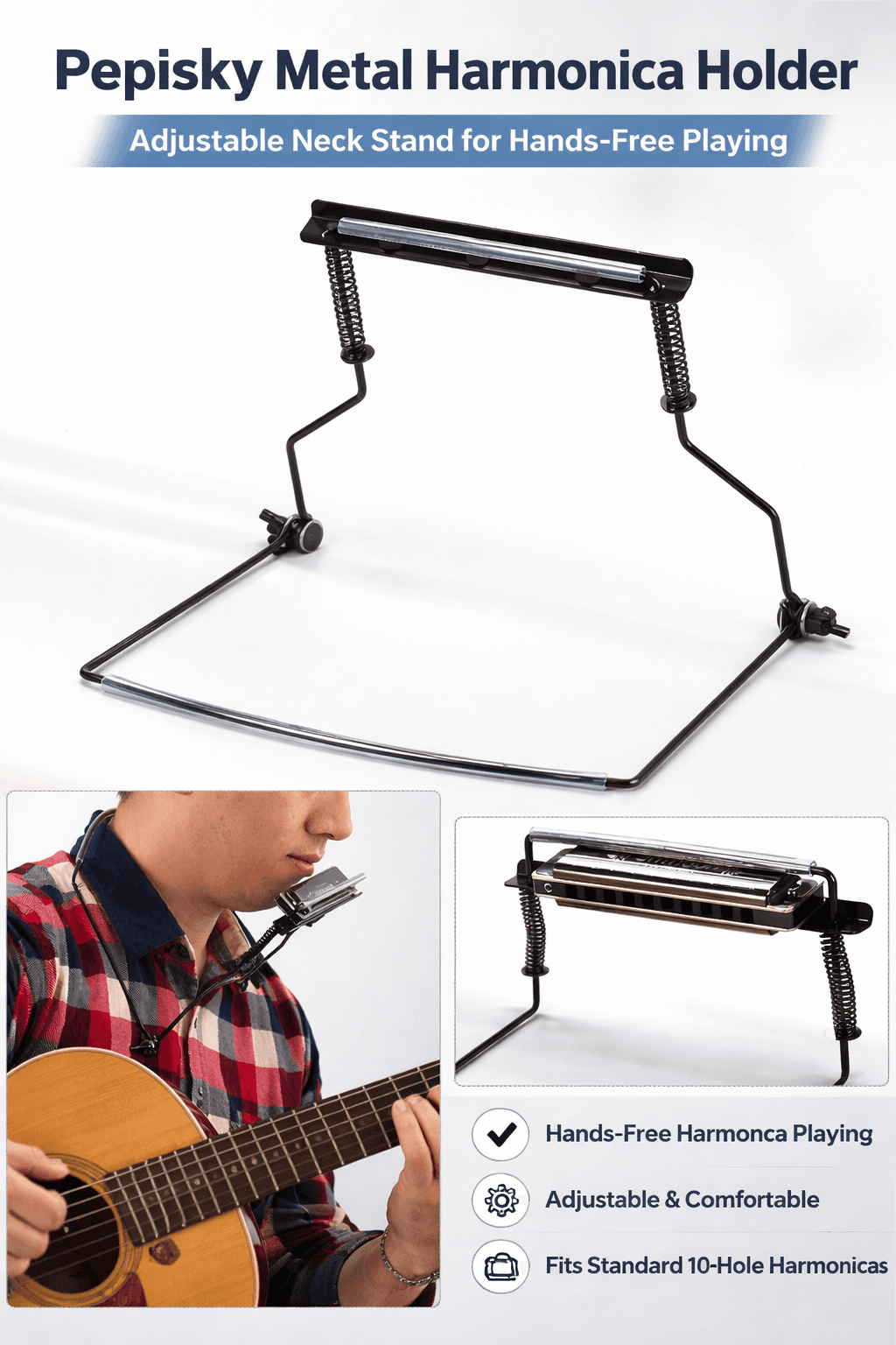 Pepisky Metal Harmonica Holder – Adjustable Neck Stand for Hands-Free Playing (10-Hole Harmonicas)