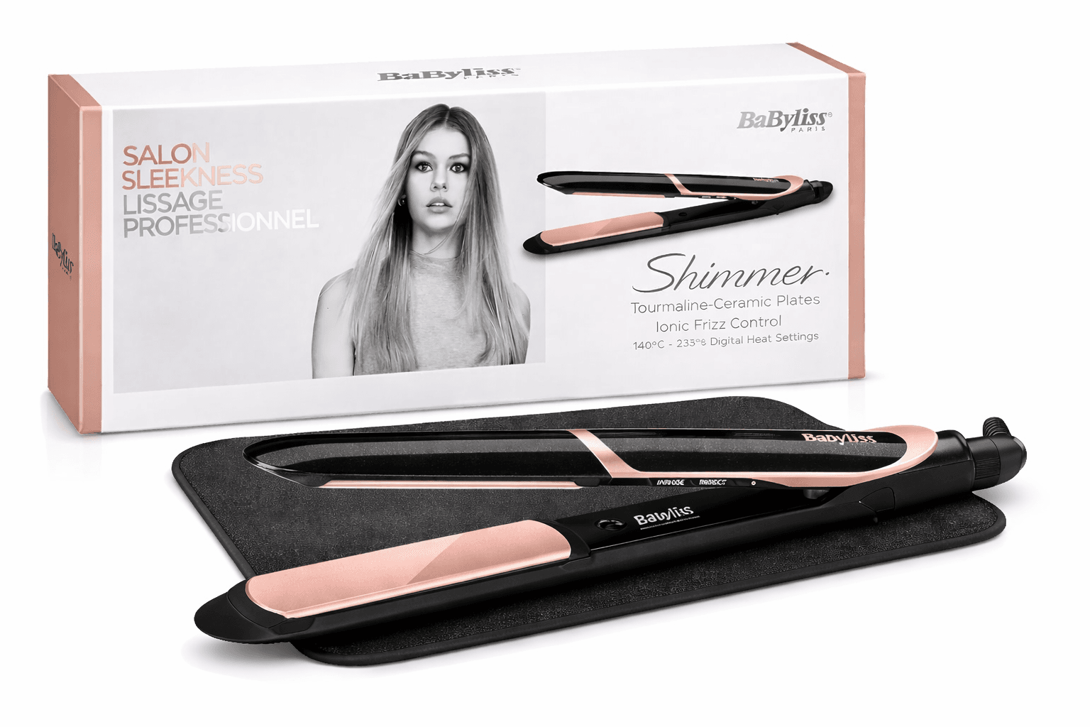 BaByliss Shimmer Hair Straightener – Tourmaline-Ceramic Plates, Ionic Frizz Control, 6 Heat Settings (140°C–235°C), ST391SDE (Black)