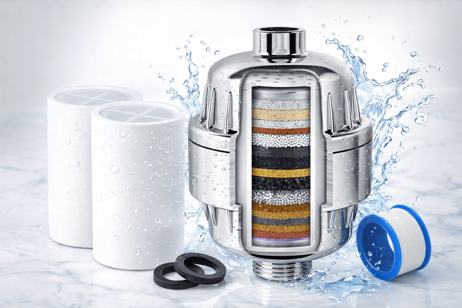 AquaHomeGroup 20-Stage Shower Head Filter with Vitamin C & E – High Output Water Filter for Hard Water (2 Cartridges Included)