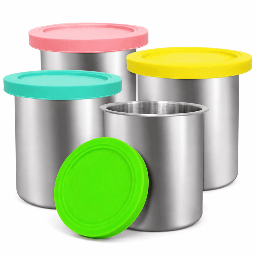 Stainless Steel Fit for ninja Creami Deluxe Containers– 4 Pack, Compatible with Ninja Creami CN501CO,NC501, NC500 Delux XL Series, Silicone Lids, BPA-Free, Dishwasher Safe, 5 Years Warranty